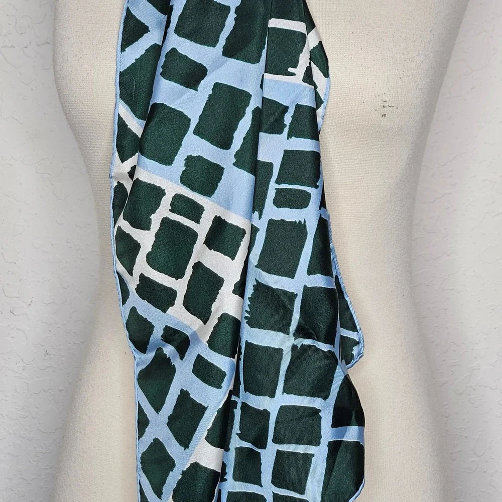 Echo Silk Scarf Green Blue White Geometric Grid Abstract Oblong Wrap Hand Rolled